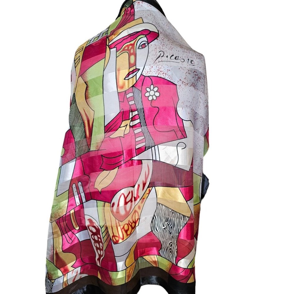 Vintage Picasso Semi-sheer Artsy Vibrant Pink Green Satin Silk Scarf Square 36" - Picture 10 of 10